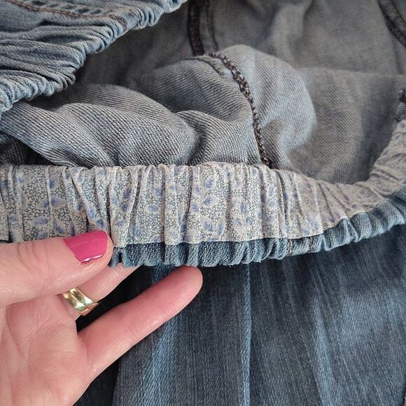 VTG 90s Blue Denim Patch Pull On Full Midi Jean Skirt  *Fits like Medium - Picture 11 of 12